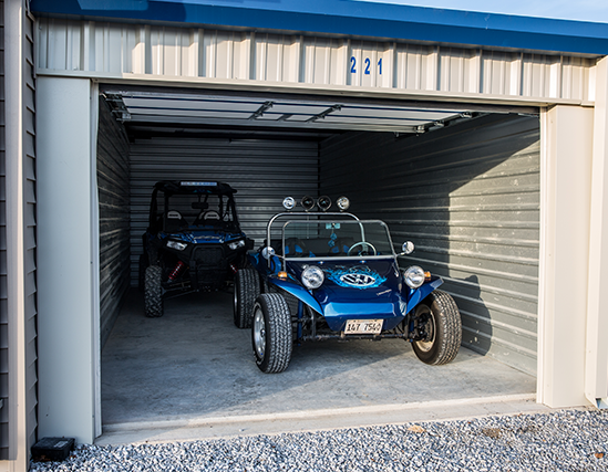 Blue Door Storage recreational vehicle parked inside large unit